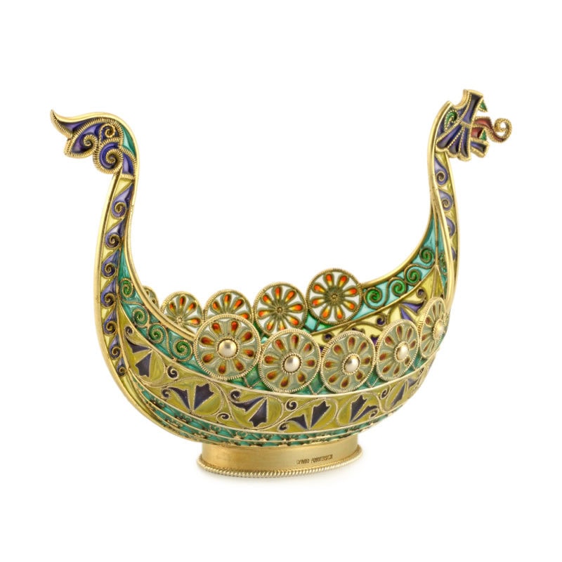 Antique Norwegian gilded silver & plique-à-jour enamel Dragon Style Viking boat from the firm of David-Andersen - Image 3