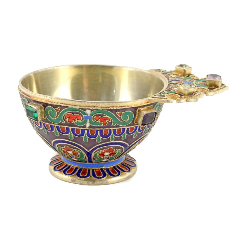 An Ovchinnikov gem-set gilded silver & cloisonné enamel charka