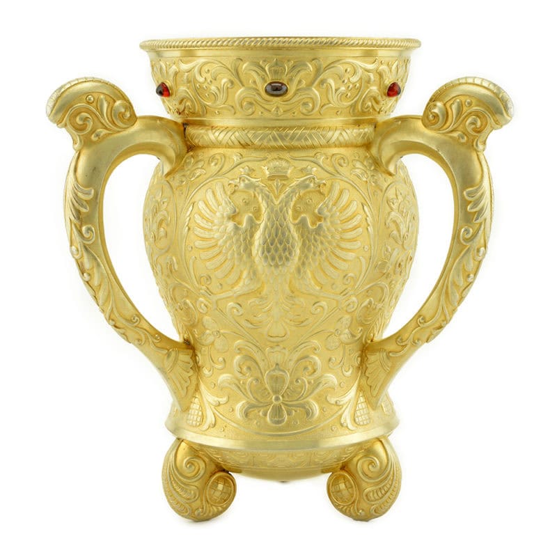An Ovchinnikov gem-set gilded silver three-handled loving cup