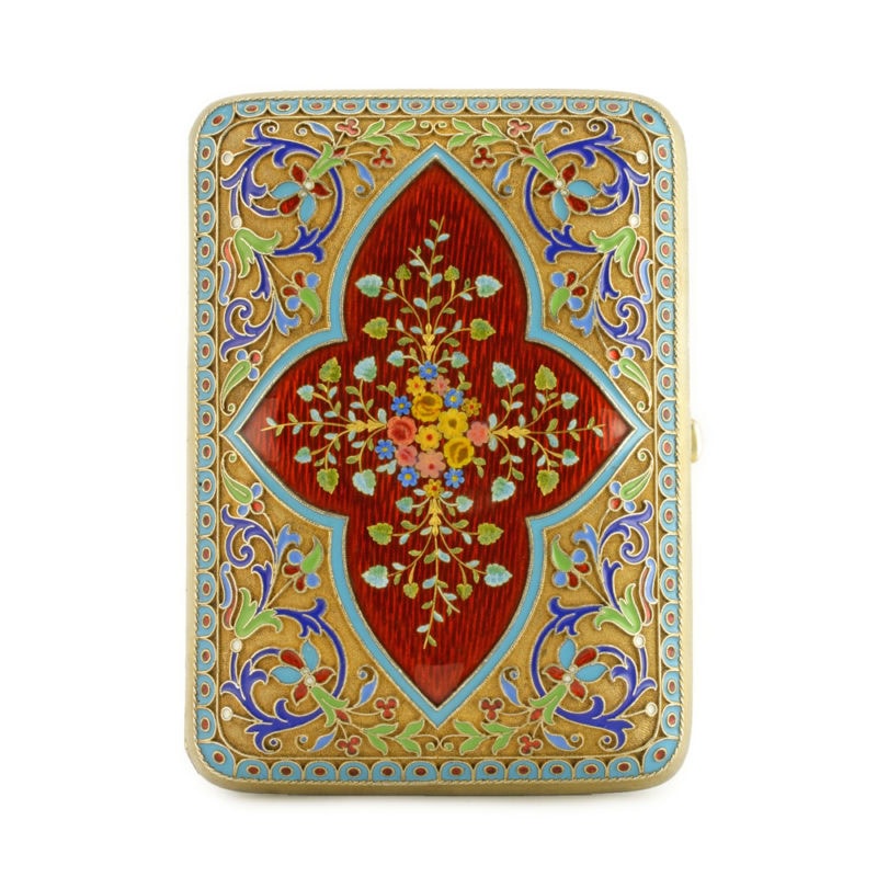 A Russian gilded silver, cloisonné, & guilloché enamel cigarette case with paillon bouquets by Grachev
