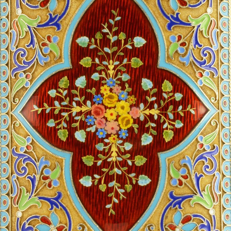 A Russian gilded silver, cloisonné, & guilloché enamel cigarette case with paillon bouquets by Grachev - Image 7