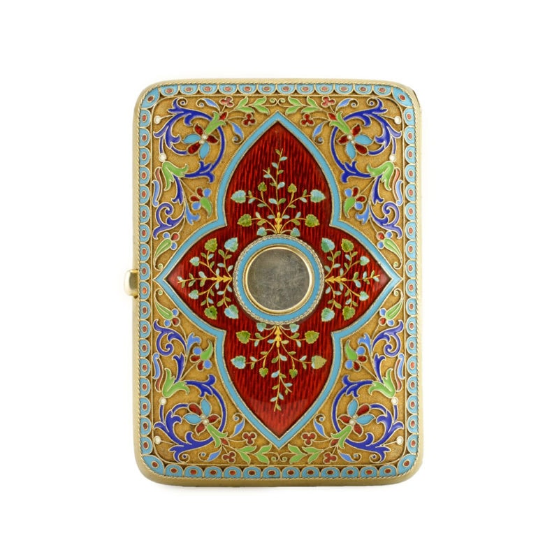 A Russian gilded silver, cloisonné, & guilloché enamel cigarette case with paillon bouquets by Grachev - Image 2