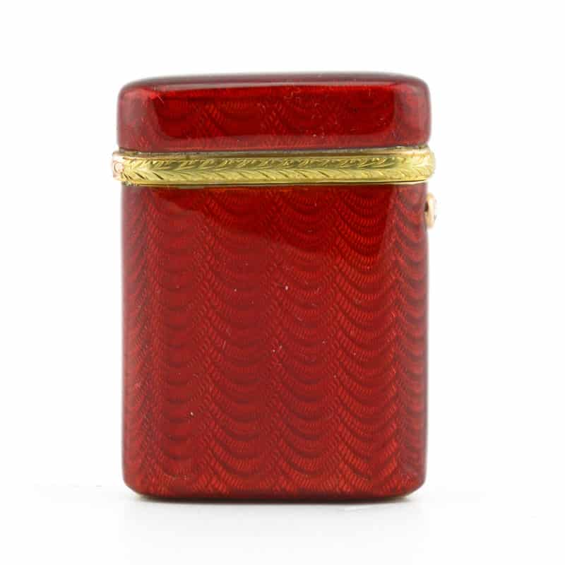 A Fabergé diamond-set deep red guilloché enamel vesta or match case