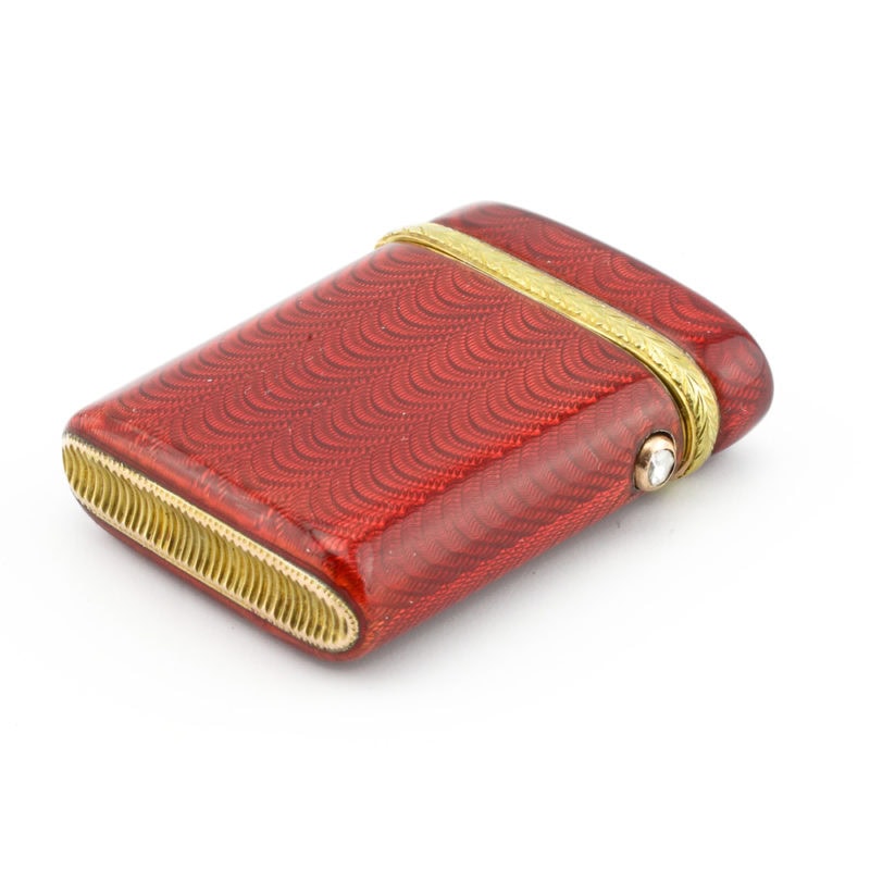 A Fabergé diamond-set deep red guilloché enamel vesta or match case - Image 3