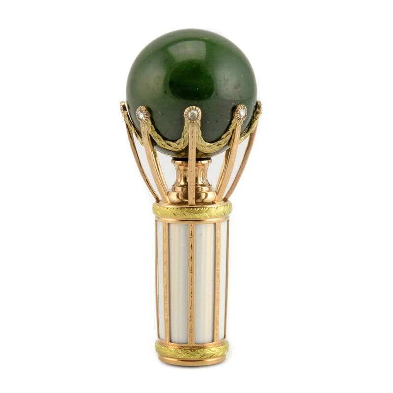 Fabergé Wigström jeweled varicolor gold, nephrite, & guilloché enamel parasol handle - Image 2
