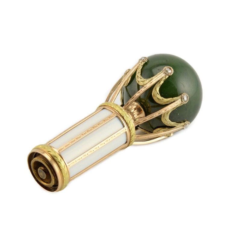 Fabergé Wigström jeweled varicolor gold, nephrite, & guilloché enamel parasol handle - Image 3