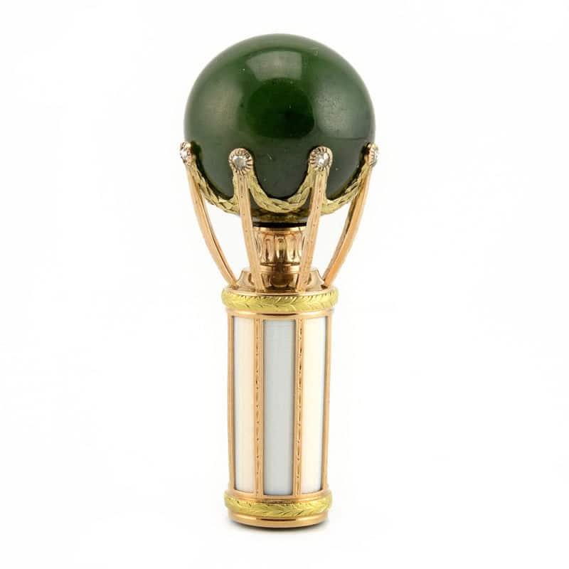 Fabergé Wigström jeweled varicolor gold, nephrite, & guilloché enamel parasol handle