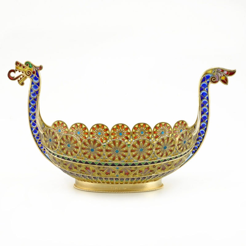 Large David Andersen plique-à-jour enamel Viking boat bowl