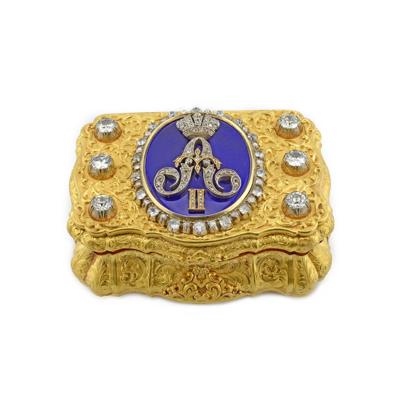 Alexander II: A jeweled gold & guilloché enamel Russian Imperial presentation snuff box