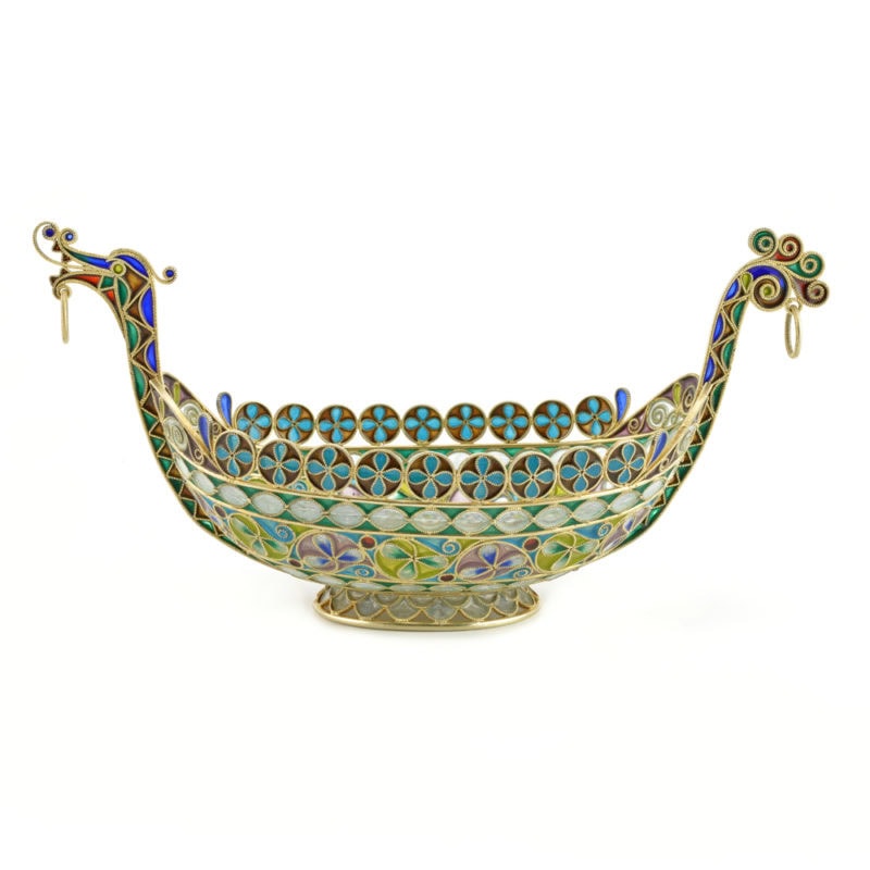 Norwegian gilded silver & plique-à-jour enamel Dragon boat bowl