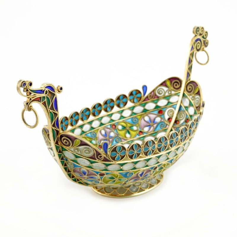 Norwegian gilded silver & plique-à-jour enamel Dragon boat bowl - Image 2