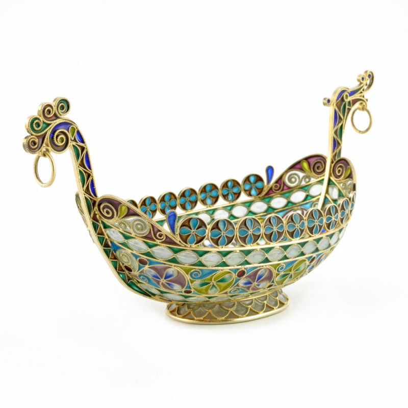 Norwegian gilded silver & plique-à-jour enamel Dragon boat bowl - Image 3