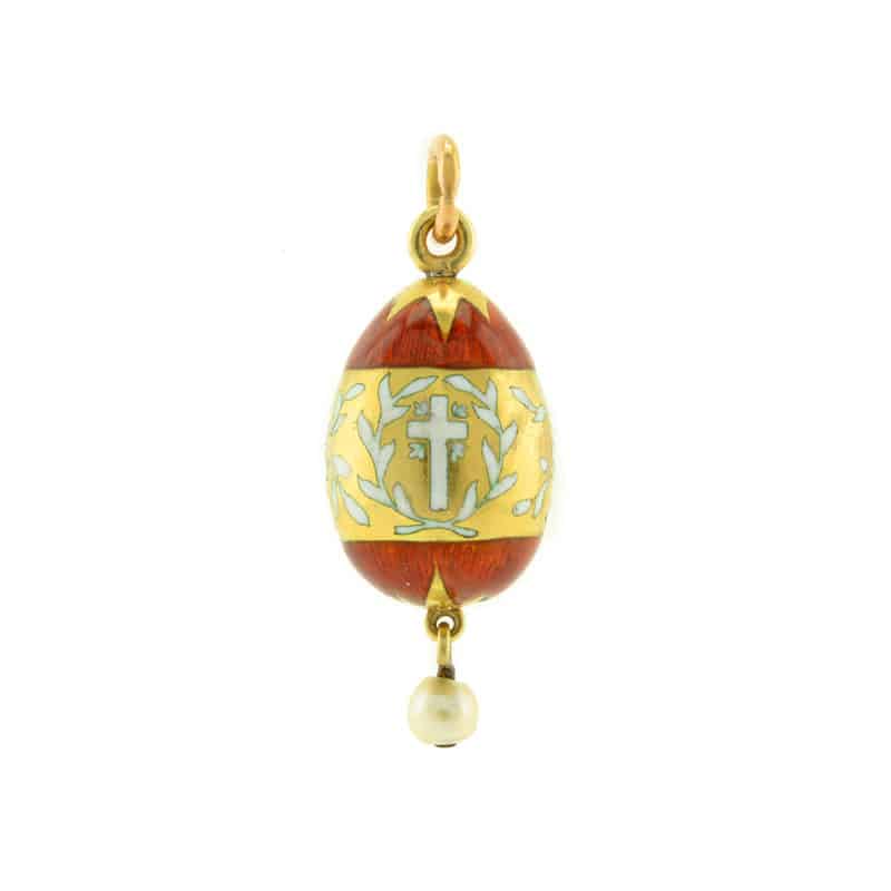Antique Russian gold and orange guilloche enamel pendant egg