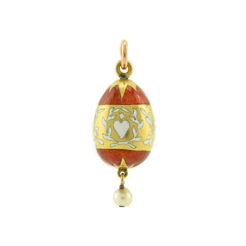 Antique Russian gold and orange guilloche enamel pendant egg - Image 2