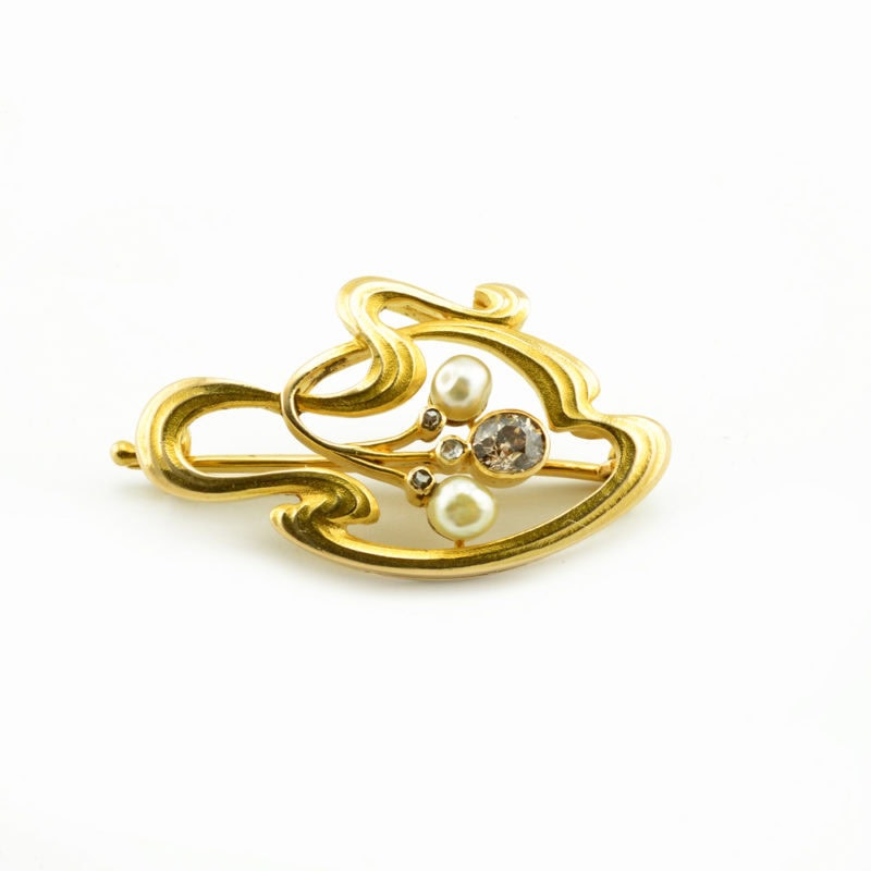 A Russian gold, diamond, & pearl Art Nouveau brooch by Court Jeweler Karl Bok