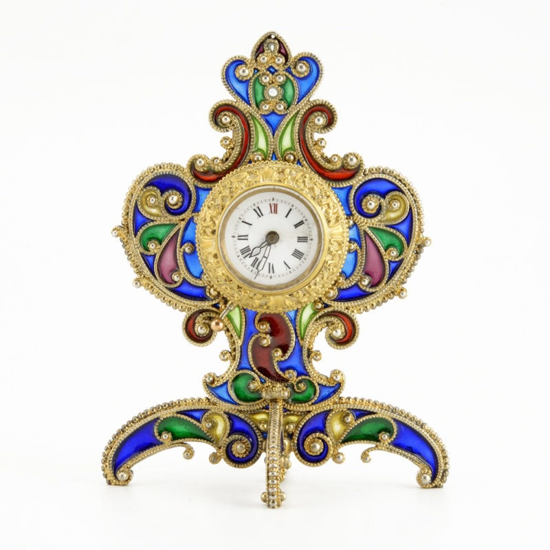 Unusual Scheid plique-à-jour enamel desk clock