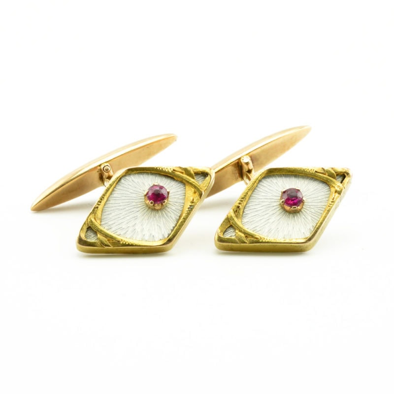 A pair of Russian Art Nouveau gold, translucent enamel, & ruby cufflinks