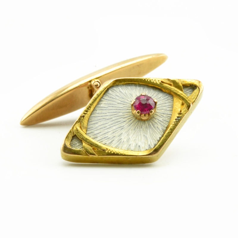 A pair of Russian Art Nouveau gold, translucent enamel, & ruby cufflinks - Image 2