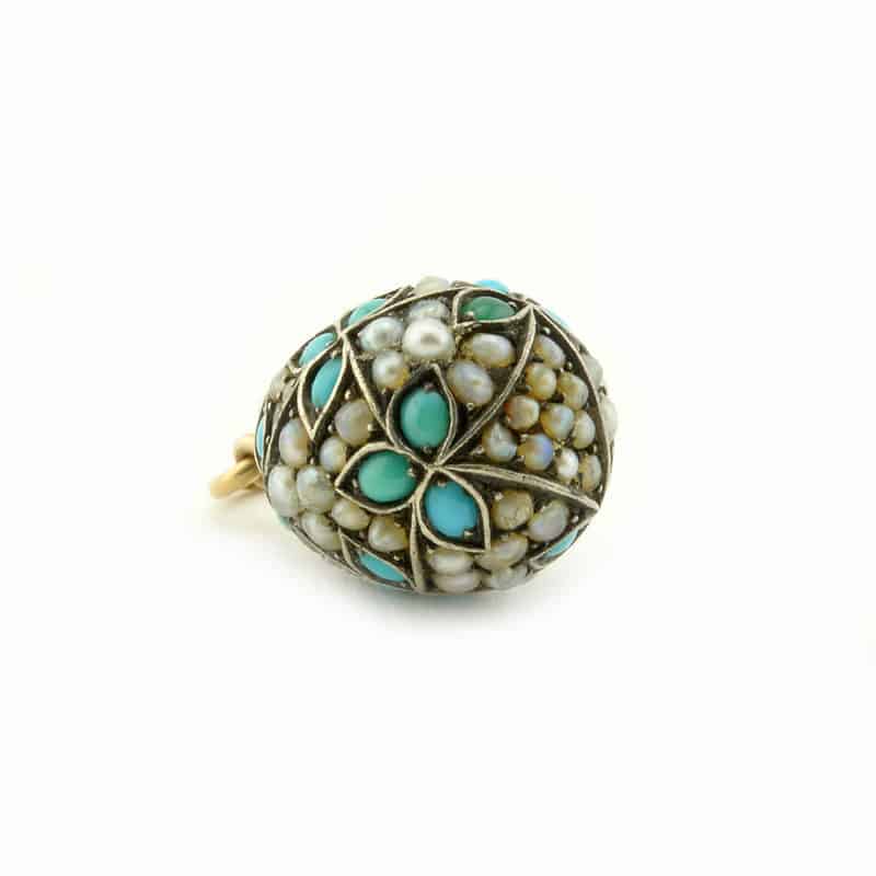 A Russian gold-mounted silver miniature pendant egg set with turquoise & pearls, Samuel Arnd - Image 3