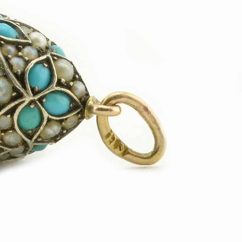 A Russian gold-mounted silver miniature pendant egg set with turquoise & pearls, Samuel Arnd - Image 4