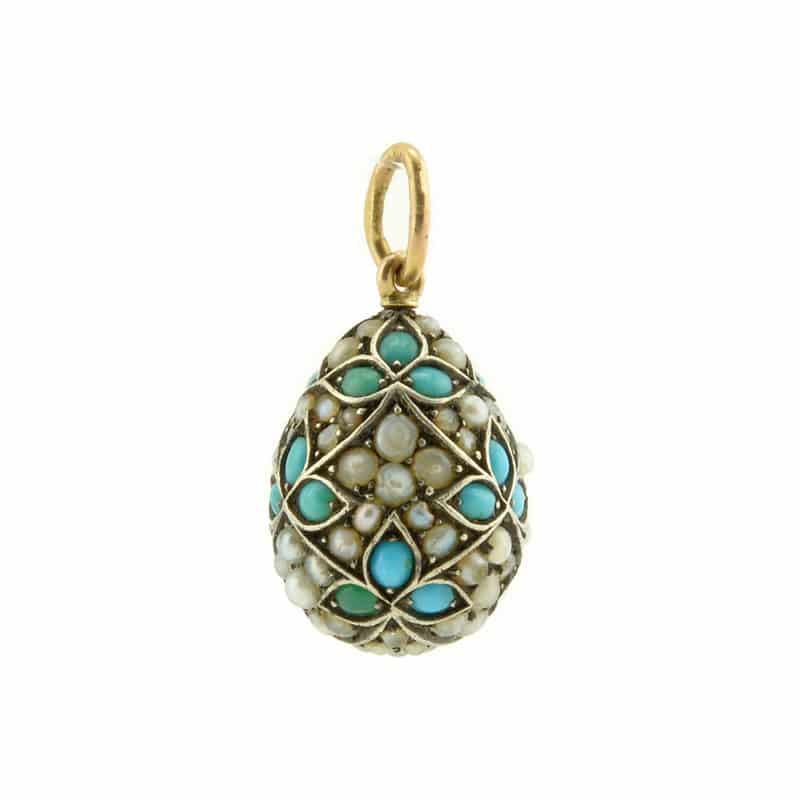 A Russian gold-mounted silver miniature pendant egg set with turquoise & pearls, Samuel Arnd