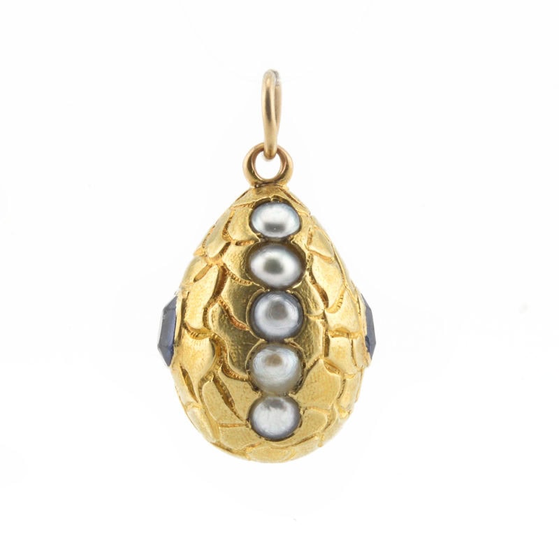 Russian sapphire and pearl-set miniature gold pendant Easter egg