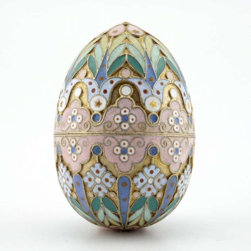 Ovchinnikov silver gilt & pastel cloisonné enamel Easter egg with paillons