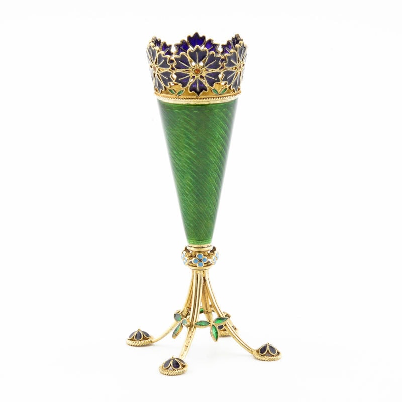A Scandinavian guilloché & plique-à-jour enamel bud vase or posey holder