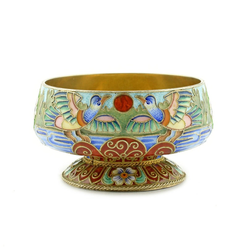 Rückert gilded silver & shaded cloisonné enamel master salt with birds