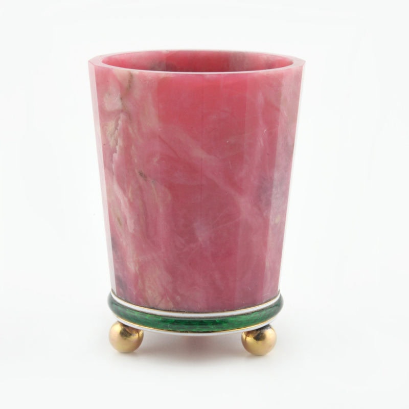 Fabergé rhodonite beaker-form match holder with gold & guilloché enamel mount by Aarne