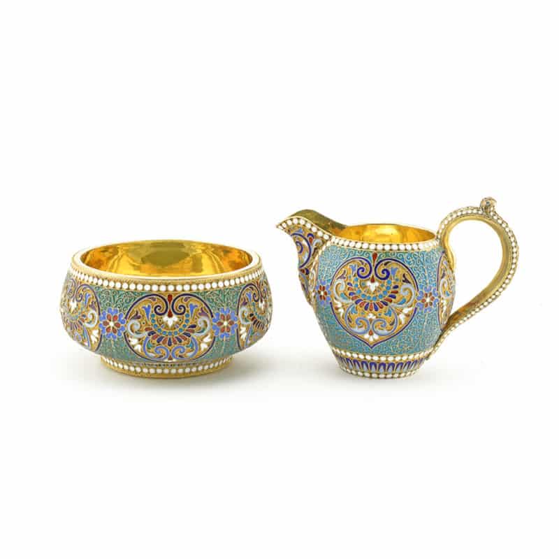 Russian Gilded Silver & Cloisonne Enamel Creamer & Sugar Bowl Set, Klingert