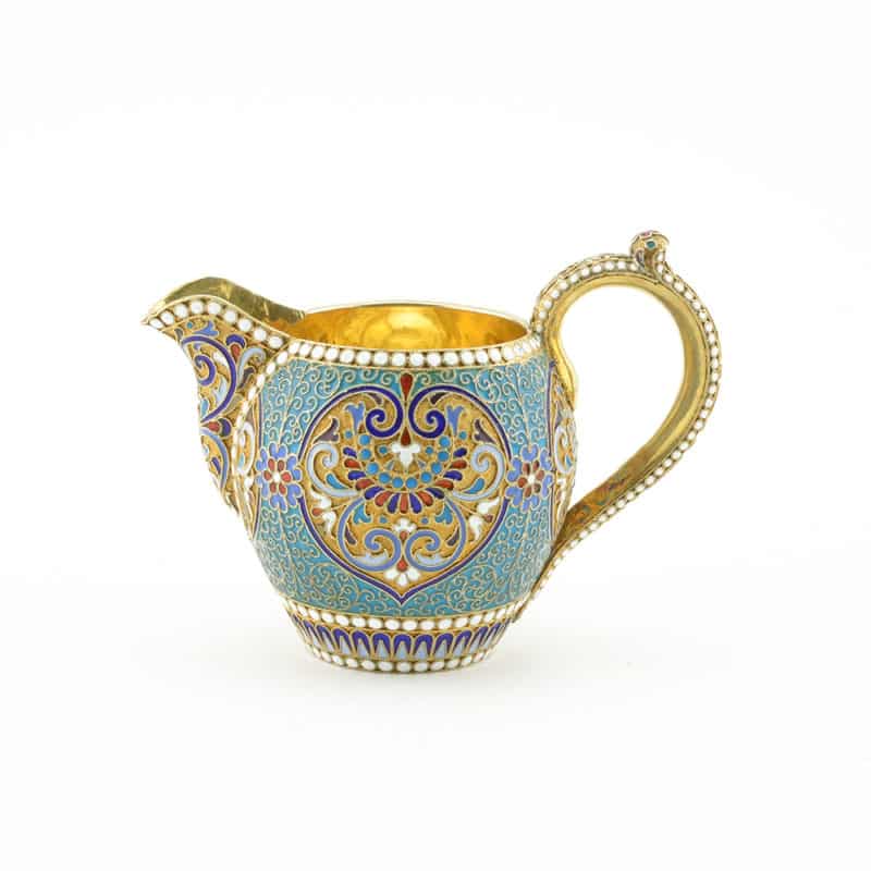 Russian Gilded Silver & Cloisonne Enamel Creamer & Sugar Bowl Set, Klingert - Image 3