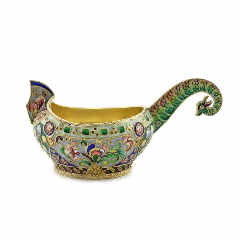 A Russian antique gilded silver & shaded cloisonné enamel kovsh