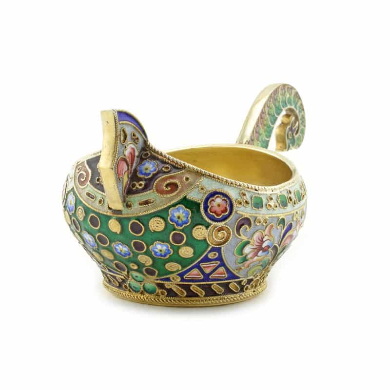 A Russian antique gilded silver & shaded cloisonné enamel kovsh - Image 2