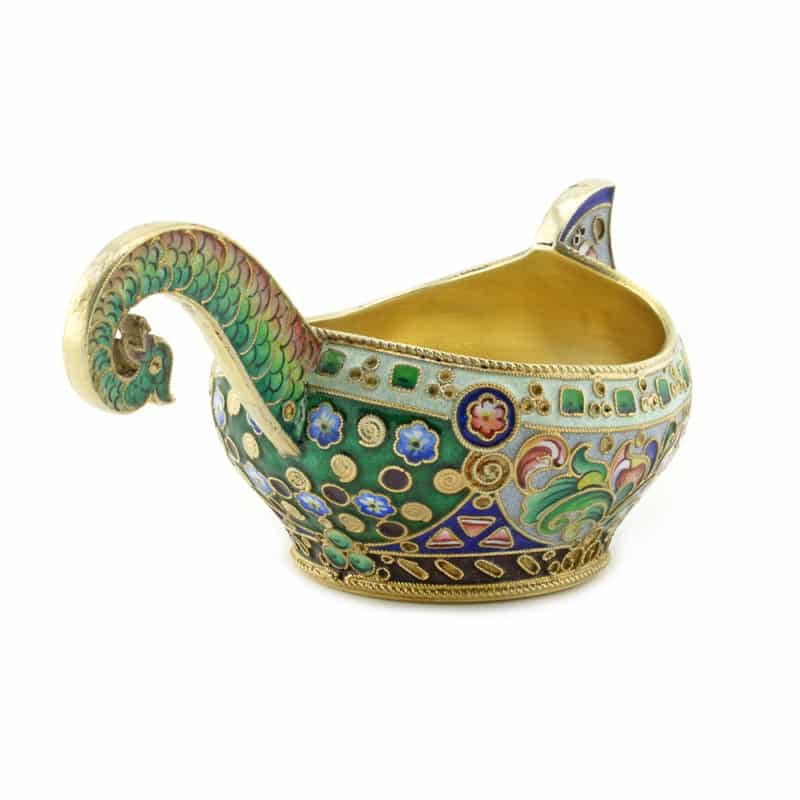 A Russian antique gilded silver & shaded cloisonné enamel kovsh - Image 3