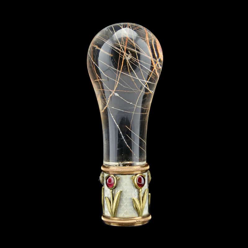 A Fabergé carved rutilated quartz parasol handle with a jeweled gold & guilloché enamel mount by Michael Perchin - Image 3
