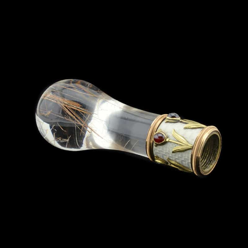 A Fabergé carved rutilated quartz parasol handle with a jeweled gold & guilloché enamel mount by Michael Perchin - Image 5