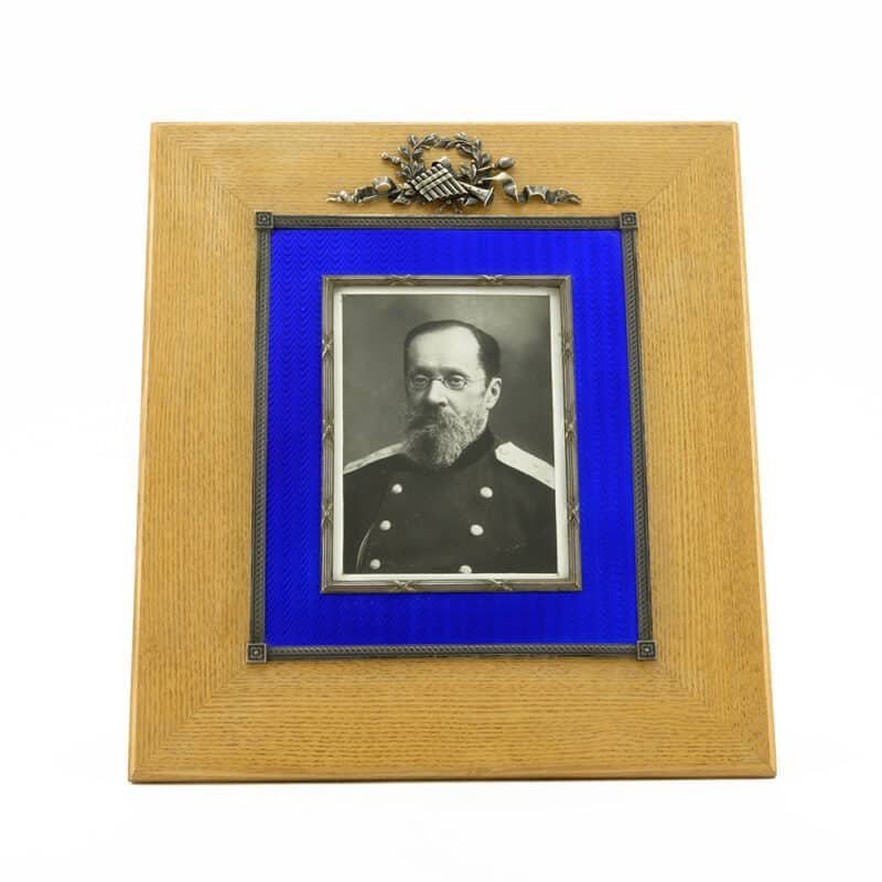 A Faberge Silver, Enamel and Wood Photograph Frame, Workmaster Henrik Wigstrom