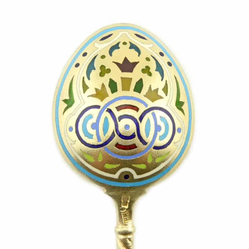A set of twelve gilded silver, champlevé, guilloché, & plique-à-jour enamel spoons in fitted box, Khlebnikov for Tiffany & Co. - Image 6