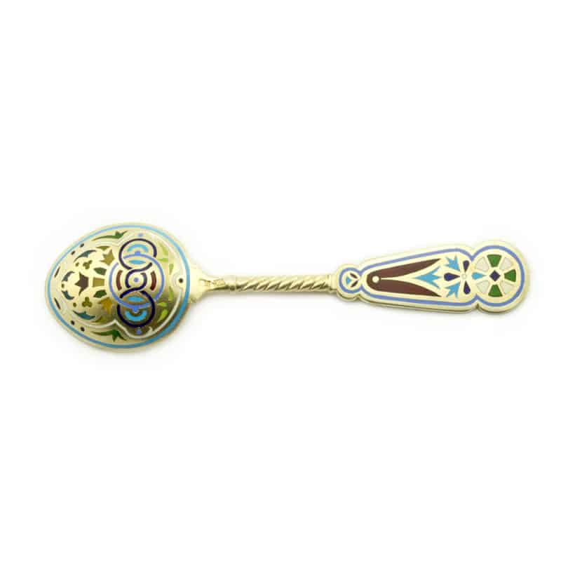 A set of twelve gilded silver, champlevé, guilloché, & plique-à-jour enamel spoons in fitted box, Khlebnikov for Tiffany & Co. - Image 7