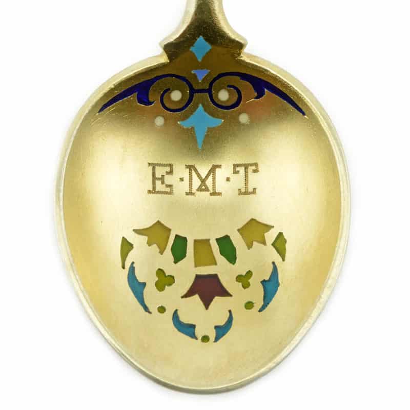 A set of twelve gilded silver, champlevé, guilloché, & plique-à-jour enamel spoons in fitted box, Khlebnikov for Tiffany & Co. - Image 9