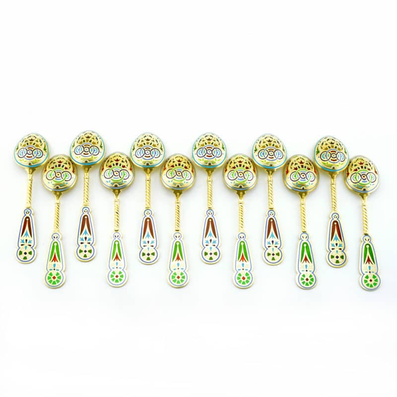 A set of twelve gilded silver, champlevé, guilloché, & plique-à-jour enamel spoons in fitted box, Khlebnikov for Tiffany & Co. - Image 2