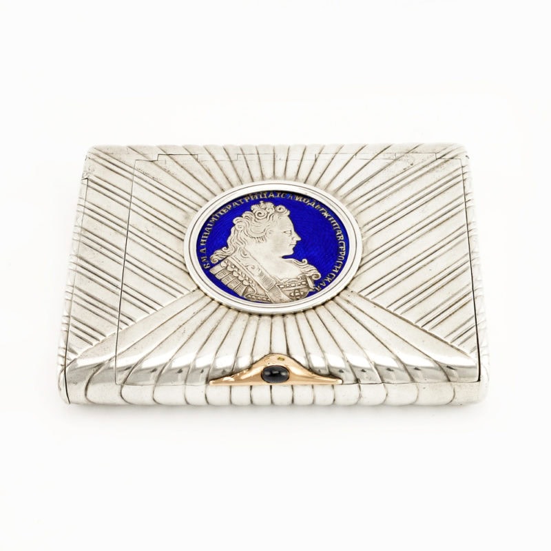 Russian antique silver cigarette case set with a 1732 coin from the period of Empress Anna