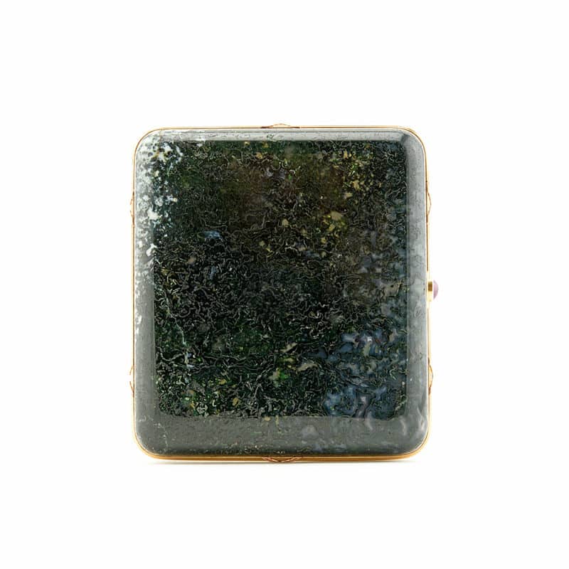 C.K.G. Billings: A Fabergé two color gold-mounted moss agate presentation cigarette case