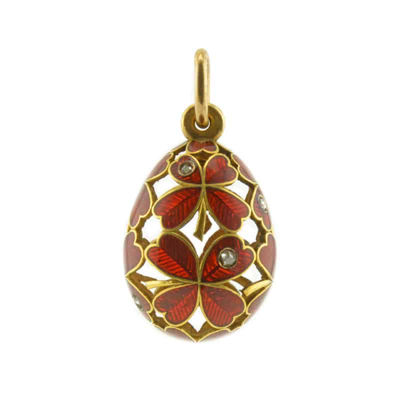 A Russian diamond-set, gold & enamel pendant egg in a form of a four leaf clover - Image 2