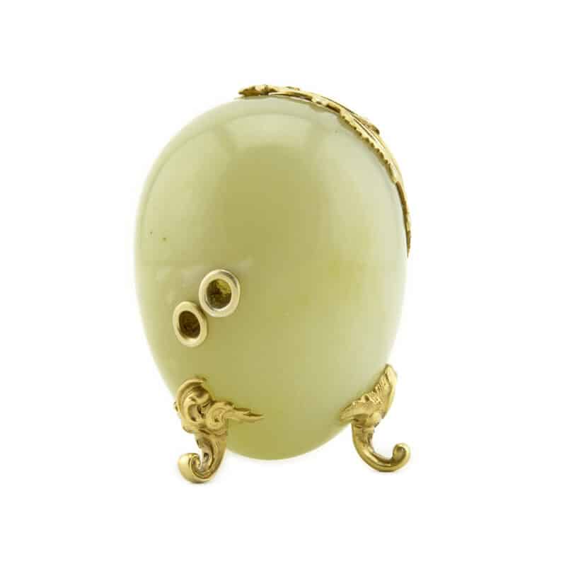 A Faberge Bowenite and Silver Figural Egg-Shaped Desk Clock, Michael Perchin - Image 4