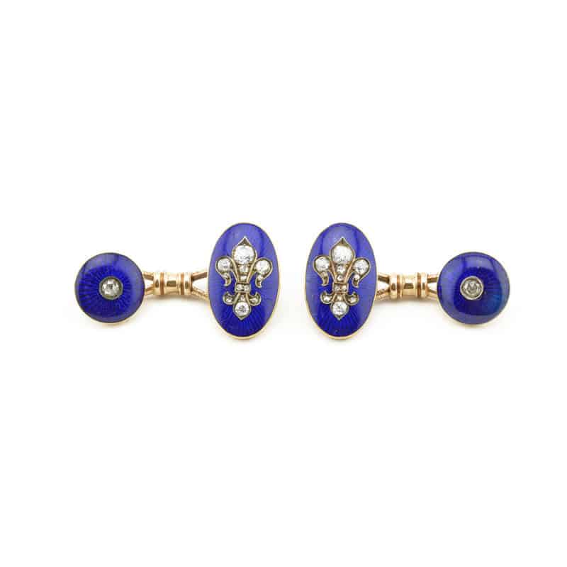 A Pair of Faberge Gold, Enamel and Diamond Cufflinks, Eduard Schram