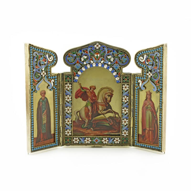 A Russian Silver and Enamel Mounted Triptych Icon, Pavel Ovchinnikov