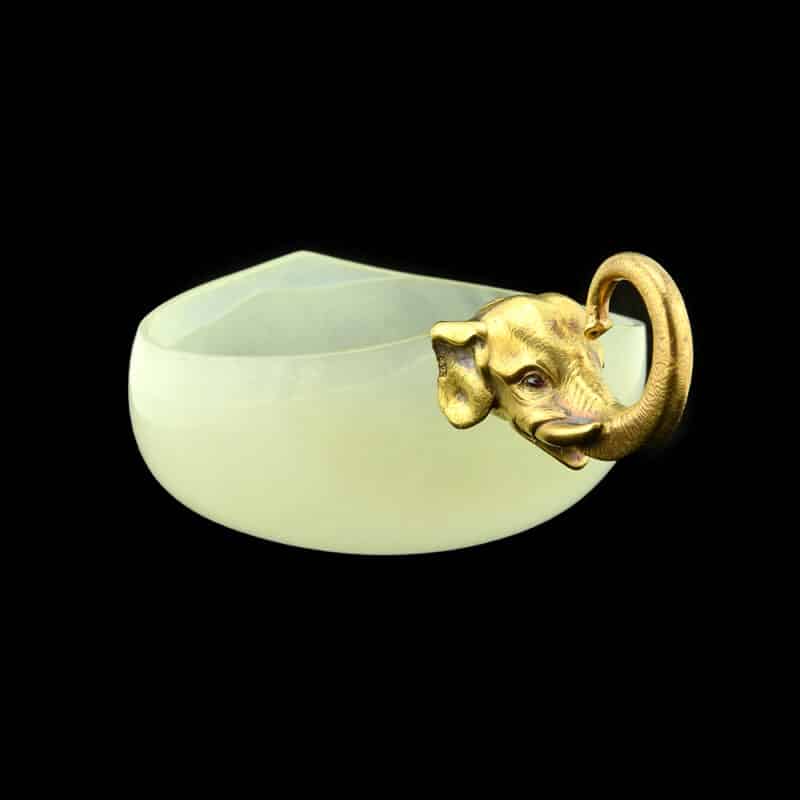 A Faberge Two Color Gold, Ruby and Carved Agate Figural Kovsh, Michael Perchin - Image 3