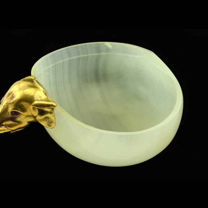 A Faberge Two Color Gold, Ruby and Carved Agate Figural Kovsh, Michael Perchin - Image 6